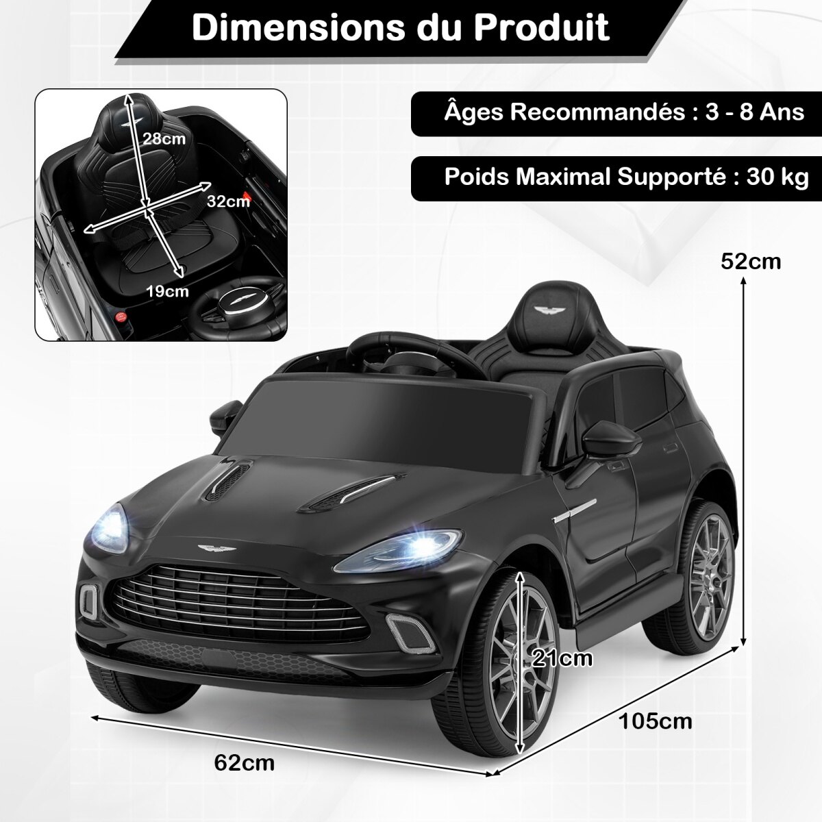 Elektriline laste sõiduauto, 2 V, puldiga, ametlikult litsentseeritud Aston Martin, signaali, muusika ja LED-tuledega, vanuses 3-8, must