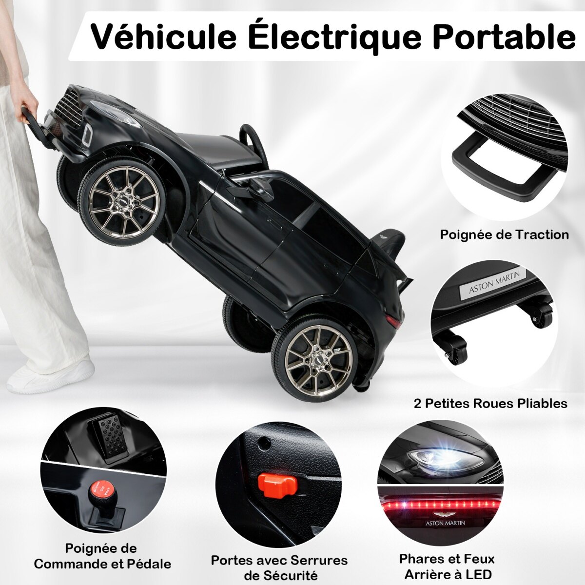 Elektriline laste sõiduauto, 2 V, puldiga, ametlikult litsentseeritud Aston Martin, signaali, muusika ja LED-tuledega, vanuses 3-8, must