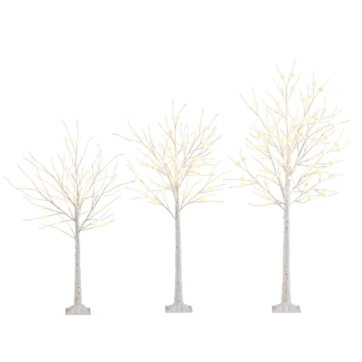 3 eelvalgustatud kasepuud 120/150/180 cm eelvalgustatud kunstkuuske 216 sooja valge LED-iga painduva oksaga