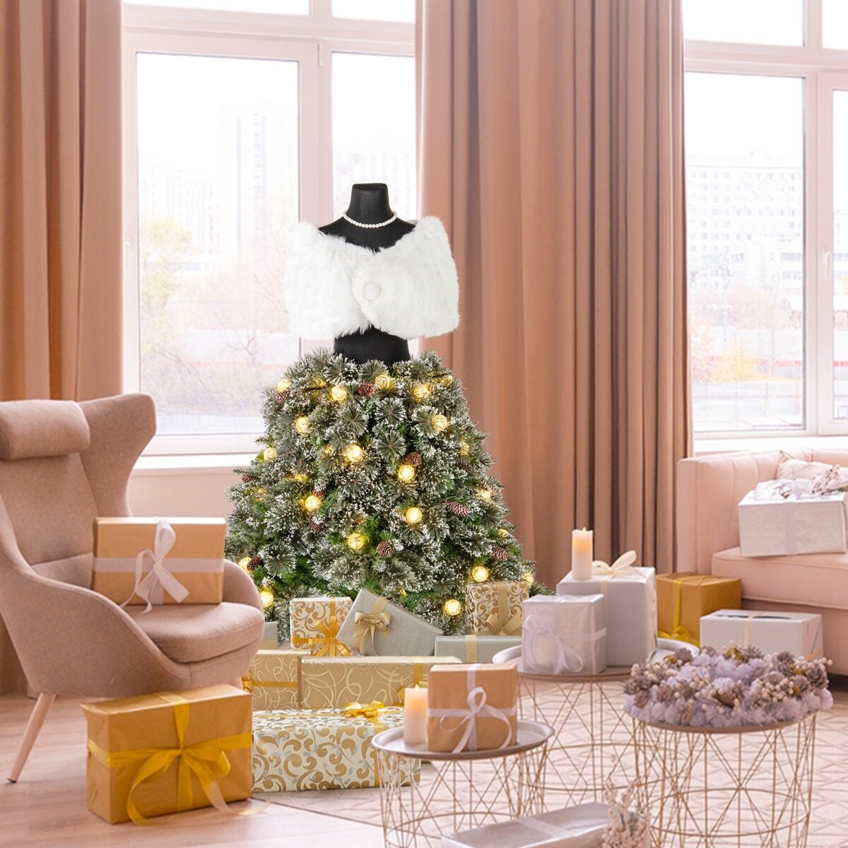 150 cm eelvalgustusega kunstkuusk mannekeenikujuliselt, 465 oksaotsa, 50 LED-palli, 36 männikäbi