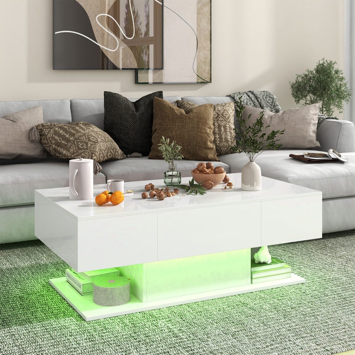 LED-valgustusega kohvilaud, kõrgläikega, 20 reguleeritava heledusega, 110 x 60 x 40 cm, valge