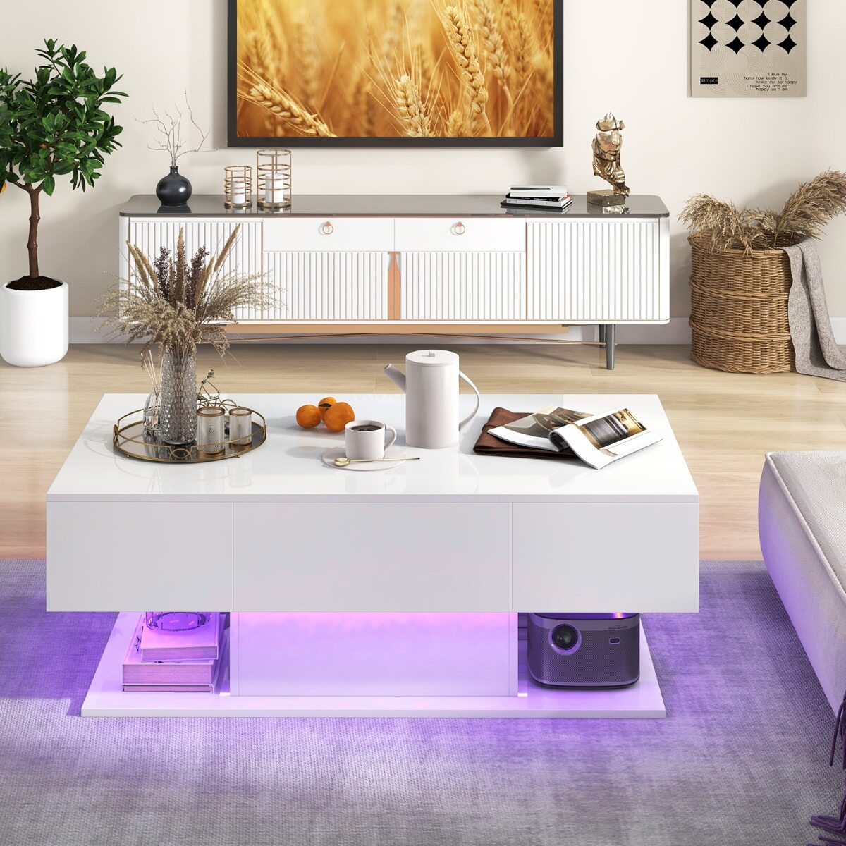 LED-valgustusega kohvilaud, kõrgläikega, 20 reguleeritava heledusega, 110 x 60 x 40 cm, valge