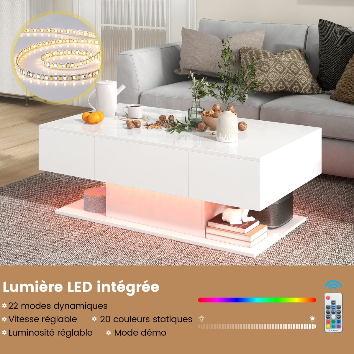 LED-valgustusega kohvilaud, kõrgläikega, 20 reguleeritava heledusega, 110 x 60 x 40 cm, valge