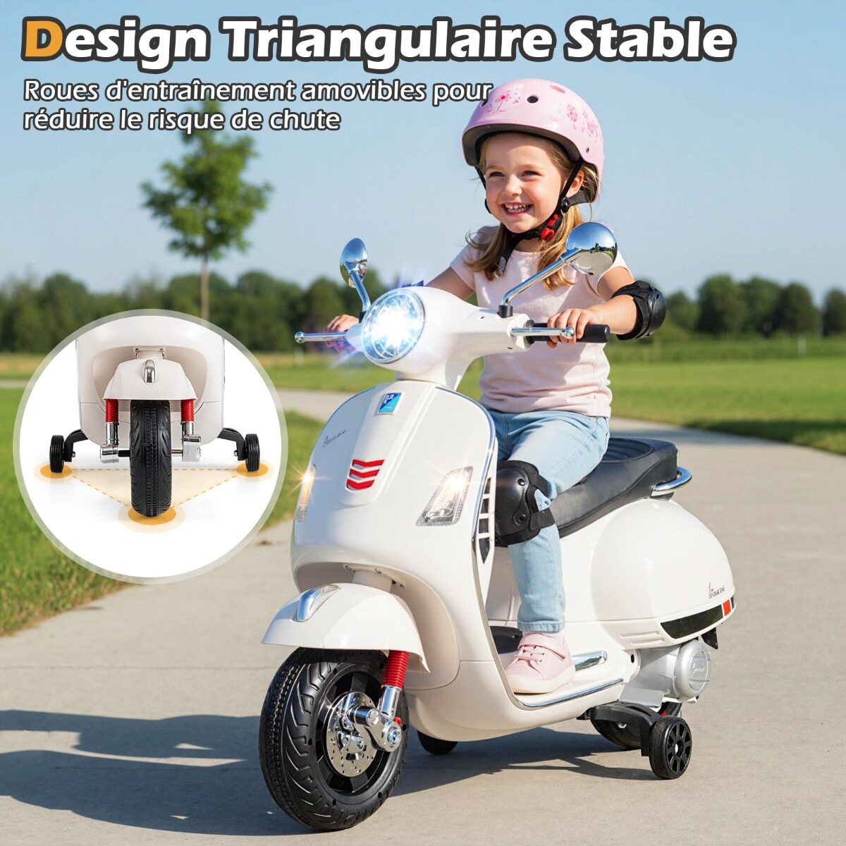 Litsentseeritud 12 V Vespa elektrimootorratas lastele, 4-rattaline mootorratas muusika, signaali, lugude ja abiratastega vanusele 3-6, valge