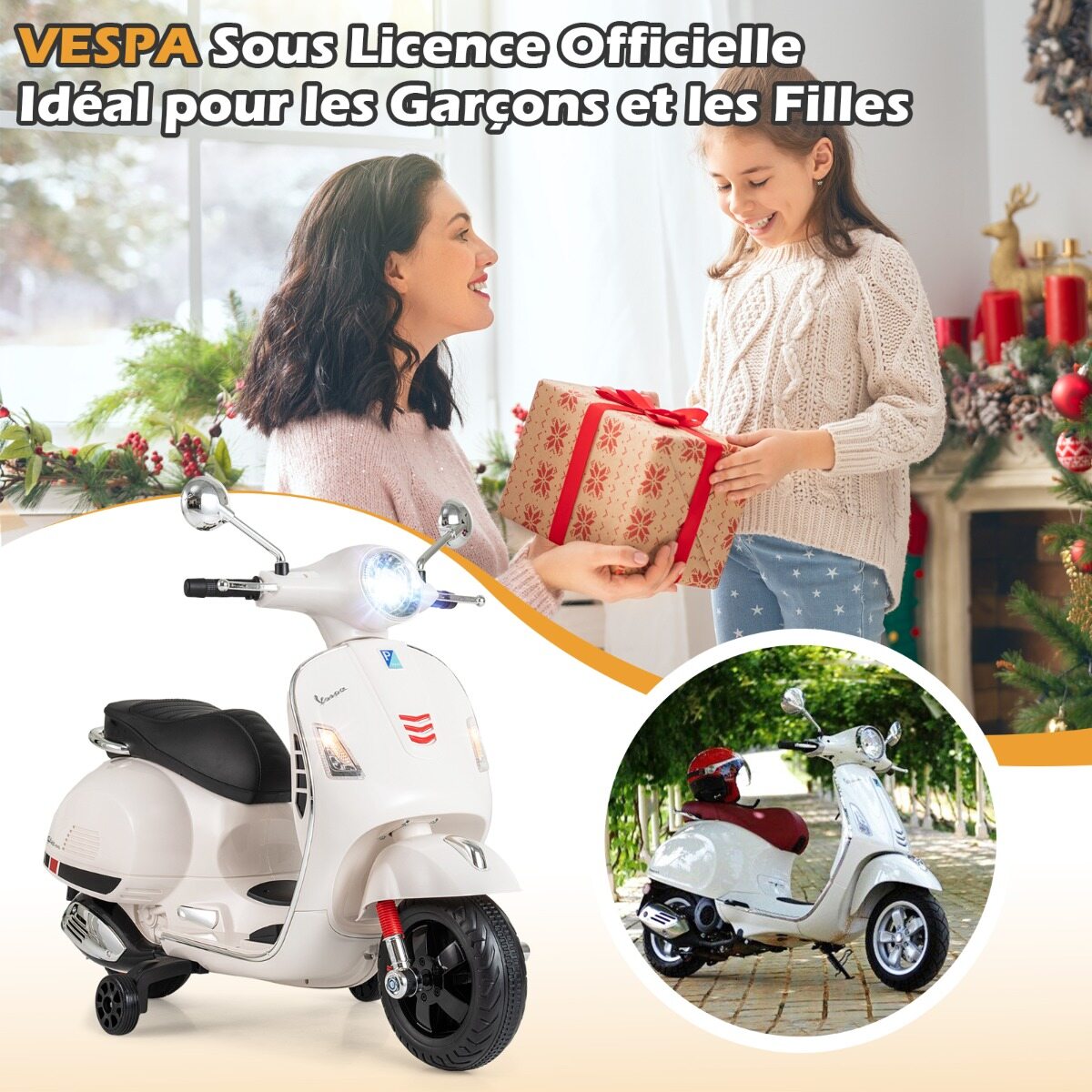 Litsentseeritud 12 V Vespa elektrimootorratas lastele, 4-rattaline mootorratas muusika, signaali, lugude ja abiratastega vanusele 3-6, valge