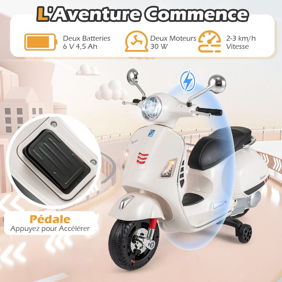 Litsentseeritud 12 V Vespa elektrimootorratas lastele, 4-rattaline mootorratas muusika, signaali, lugude ja abiratastega vanusele 3-6, valge
