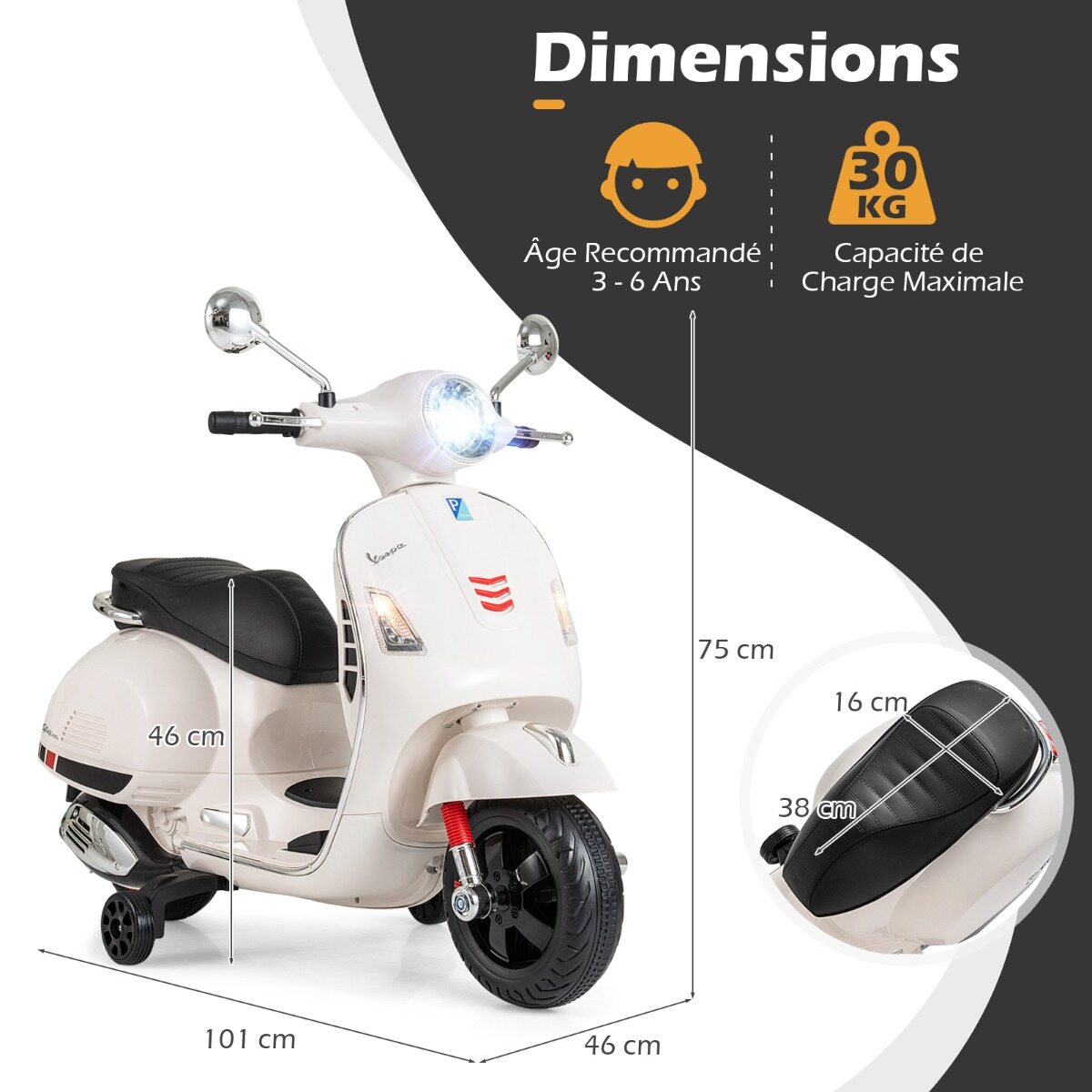 Litsentseeritud 12 V Vespa elektrimootorratas lastele, 4-rattaline mootorratas muusika, signaali, lugude ja abiratastega vanusele 3-6, valge
