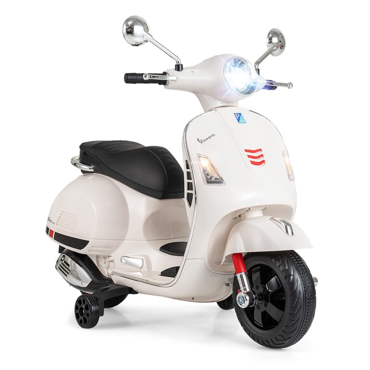 Litsentseeritud 12 V Vespa elektrimootorratas lastele, 4-rattaline mootorratas muusika, signaali, lugude ja abiratastega vanusele 3-6, valge