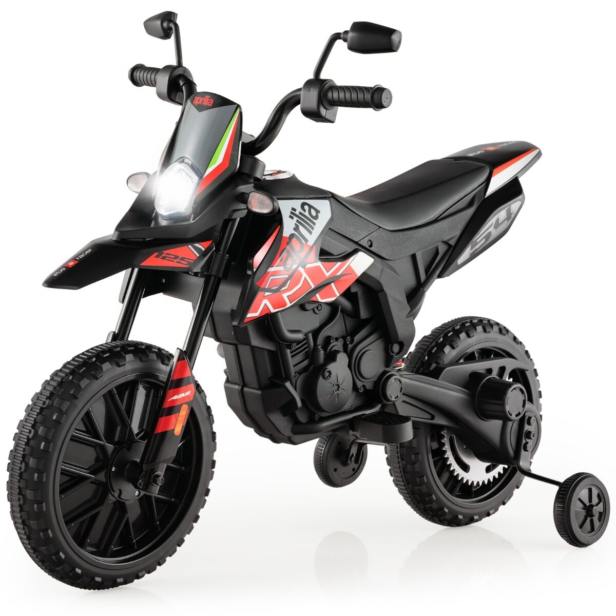 12 V laste elektrimootorratas tugiratastega Aprilia litsentseeritud elektrimootorratas punane