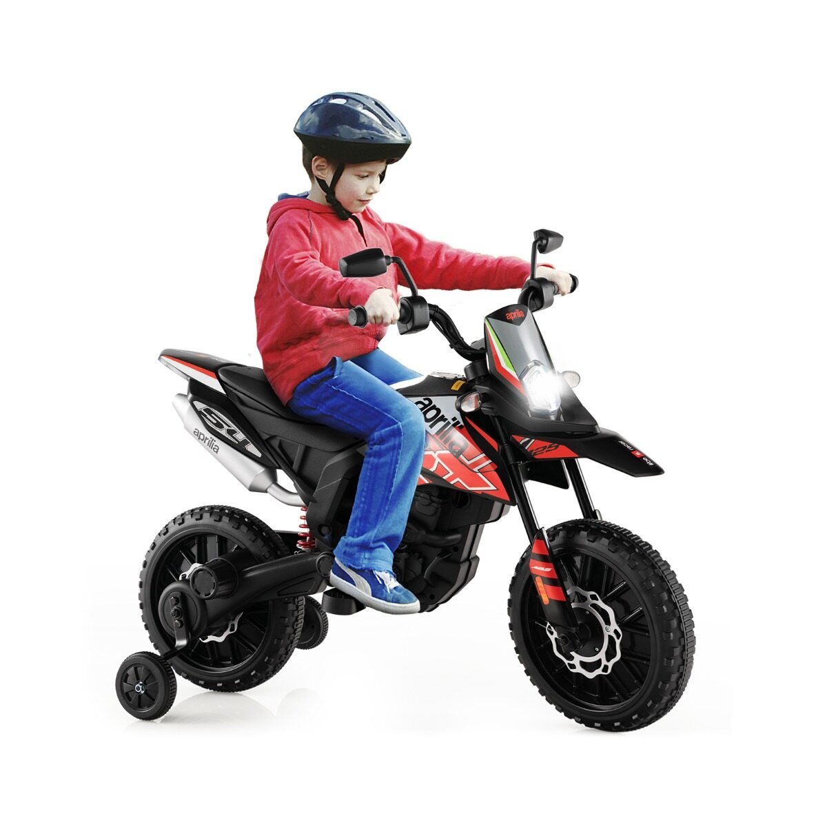 12 V laste elektrimootorratas tugiratastega Aprilia litsentseeritud elektrimootorratas punane