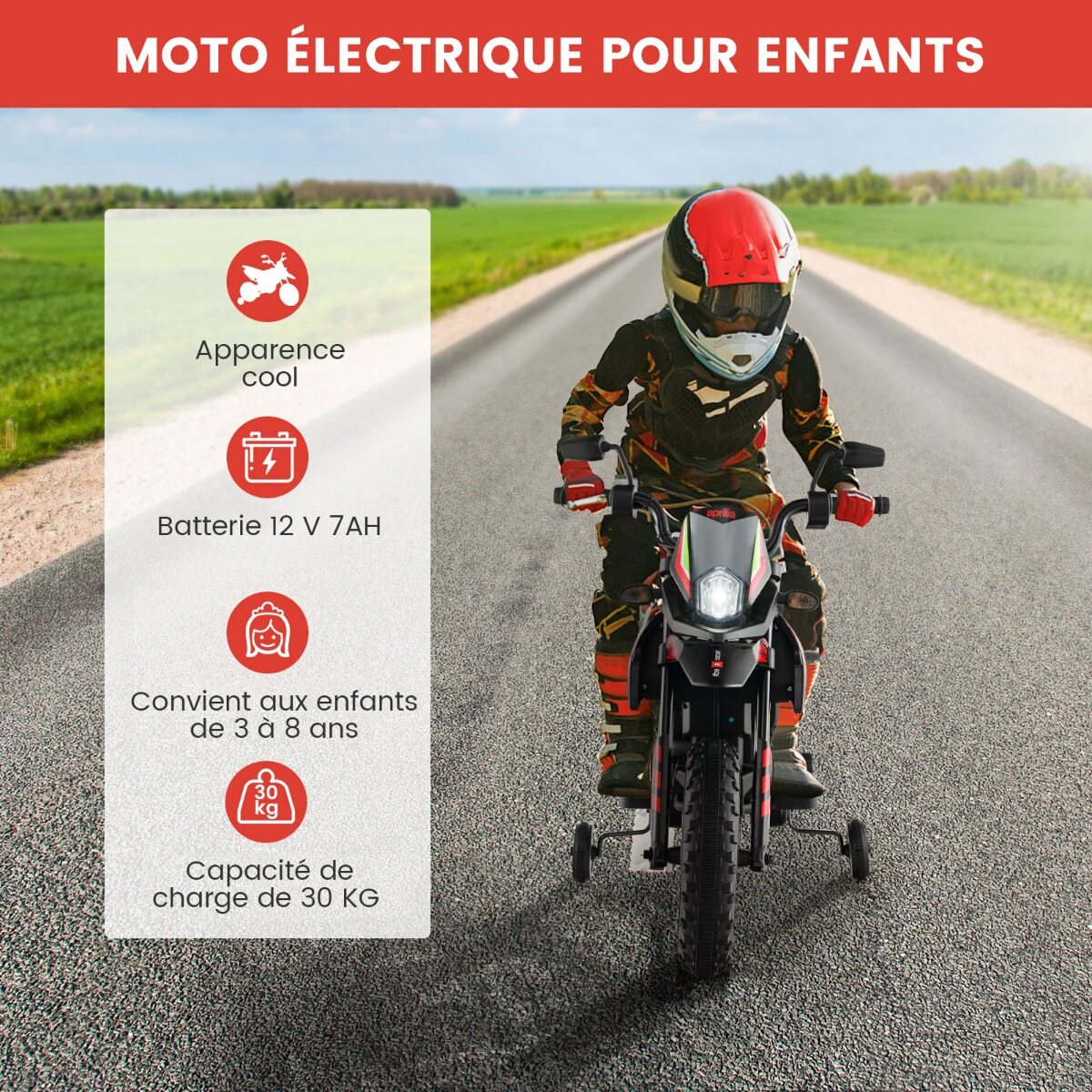 12 V laste elektrimootorratas tugiratastega Aprilia litsentseeritud elektrimootorratas punane
