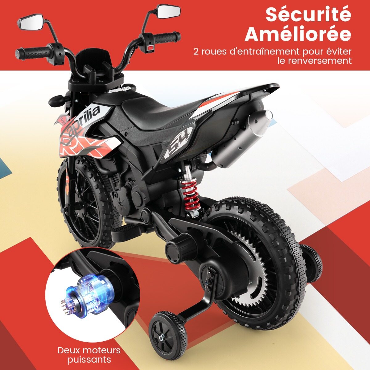 12 V laste elektrimootorratas tugiratastega Aprilia litsentseeritud elektrimootorratas punane