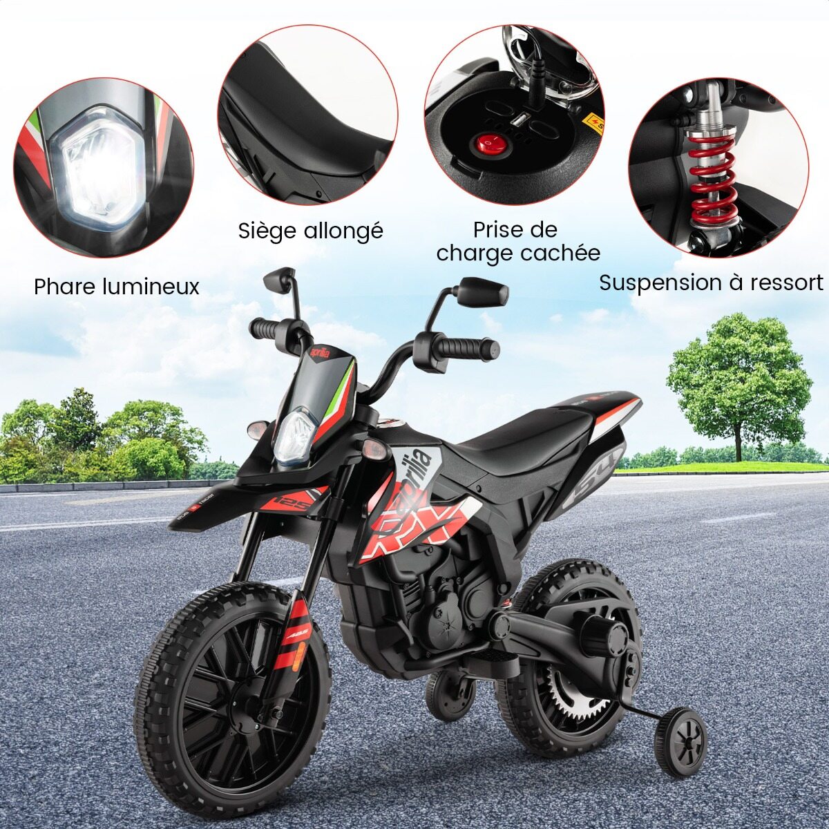 12 V laste elektrimootorratas tugiratastega Aprilia litsentseeritud elektrimootorratas punane
