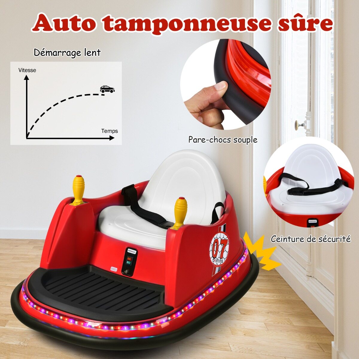 Laste põrkeauto 6 V elektriline põrkeauto vilkuvate tuledega 57 x 75 x 42 cm punane