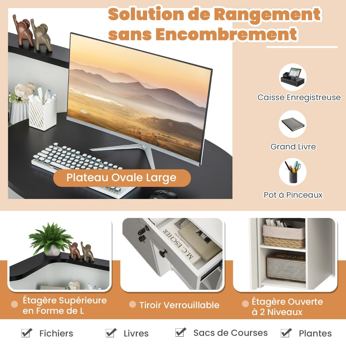 Vastuvõtulaua lett lukustatava sahtliga, reguleeritava riiuliga, ovaalse kujuga pealispinnaga, müügilett kassapidajale, must ja valge