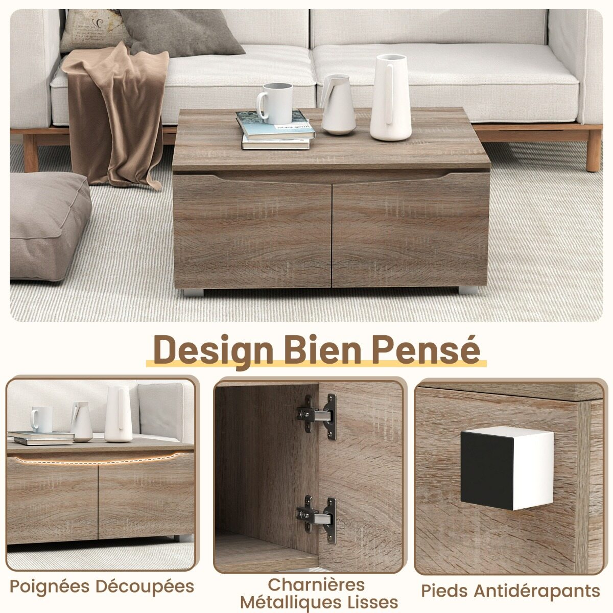 Kohvilaud panipaigaga, ristkülikukujuline elutoalaud 4 kahepoolselt avatava uksega, libisemiskindlad jalad, kapp, 80 x 60 x 37 cm, tamm