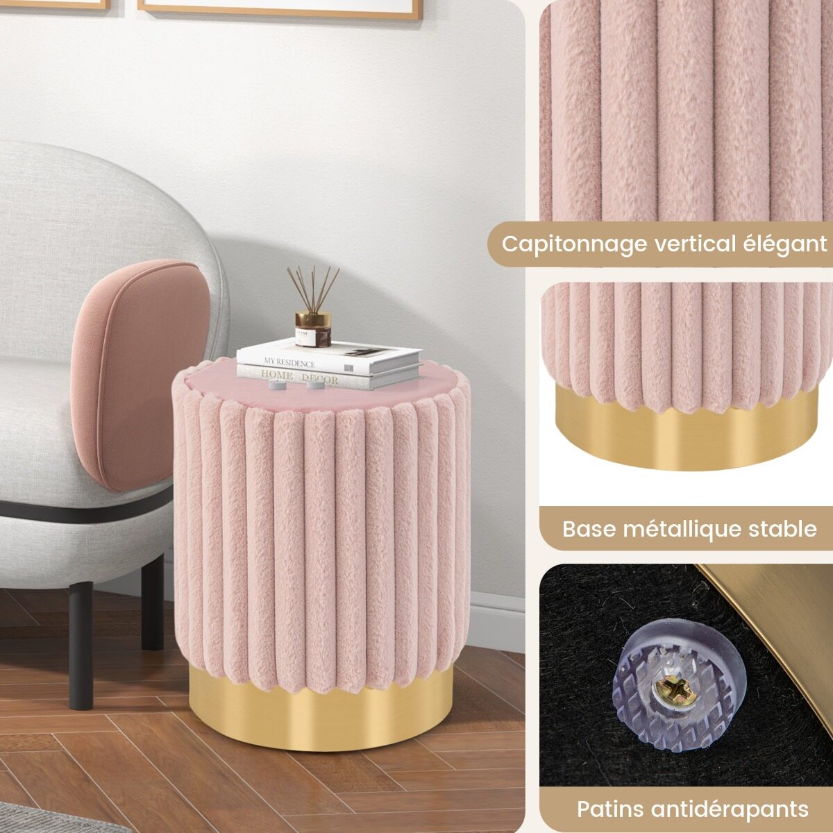 Upholstered Footrest Stool with Decorative Vertical Tufting and Heavy-duty Metal Base-Pink