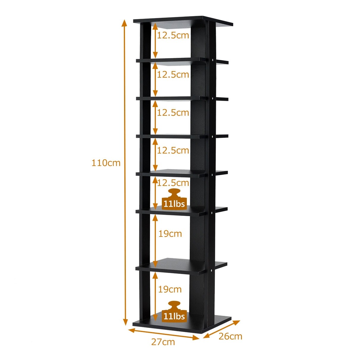 Puidust kingariiul 8-astmeline, vertikaalne, 27,5 x 26,5 x 110 cm, must