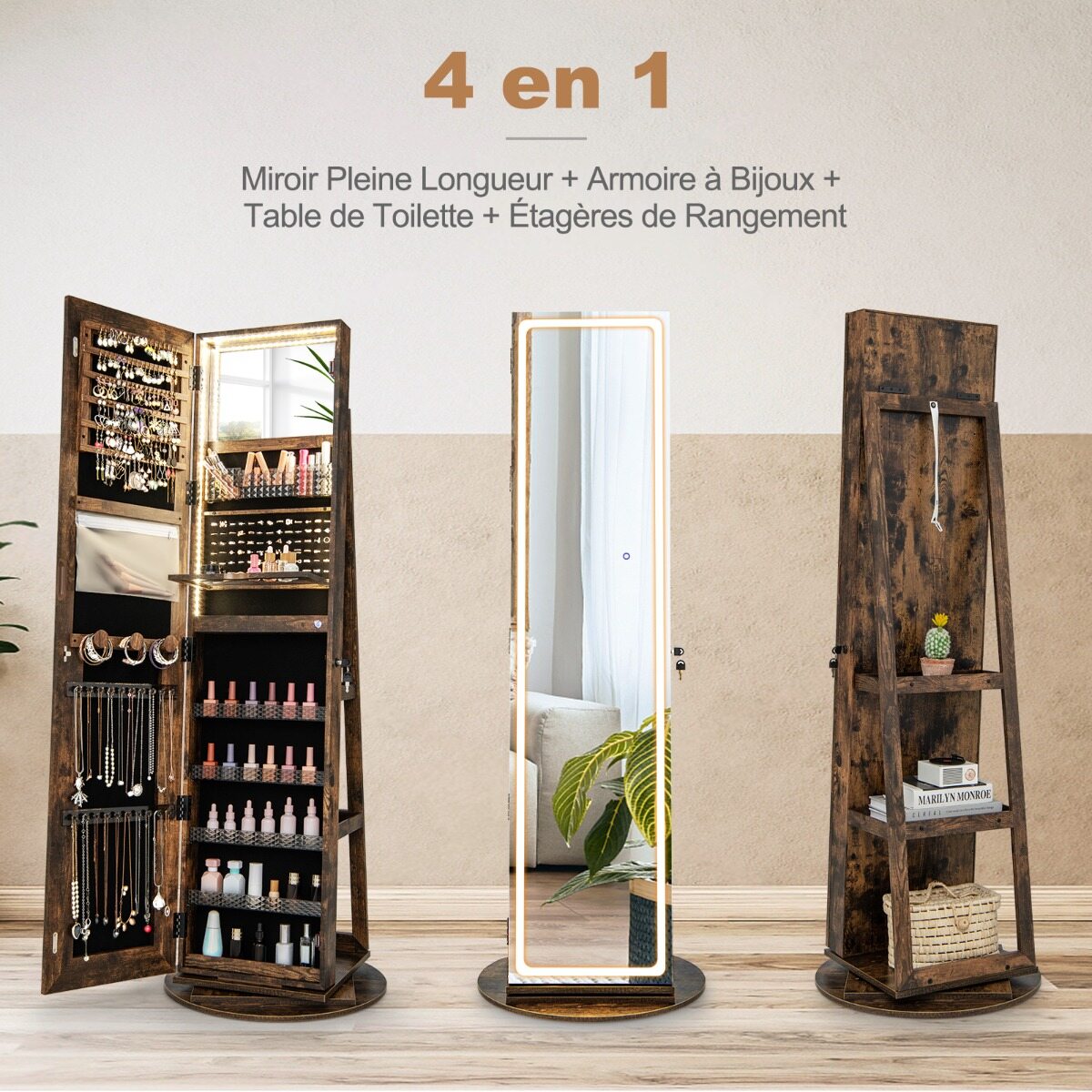 Ehtekapp peegliga Ehtekapp reguleeritavate LED-tuledega 54,5 x 54,5 x 160 cm Vintage