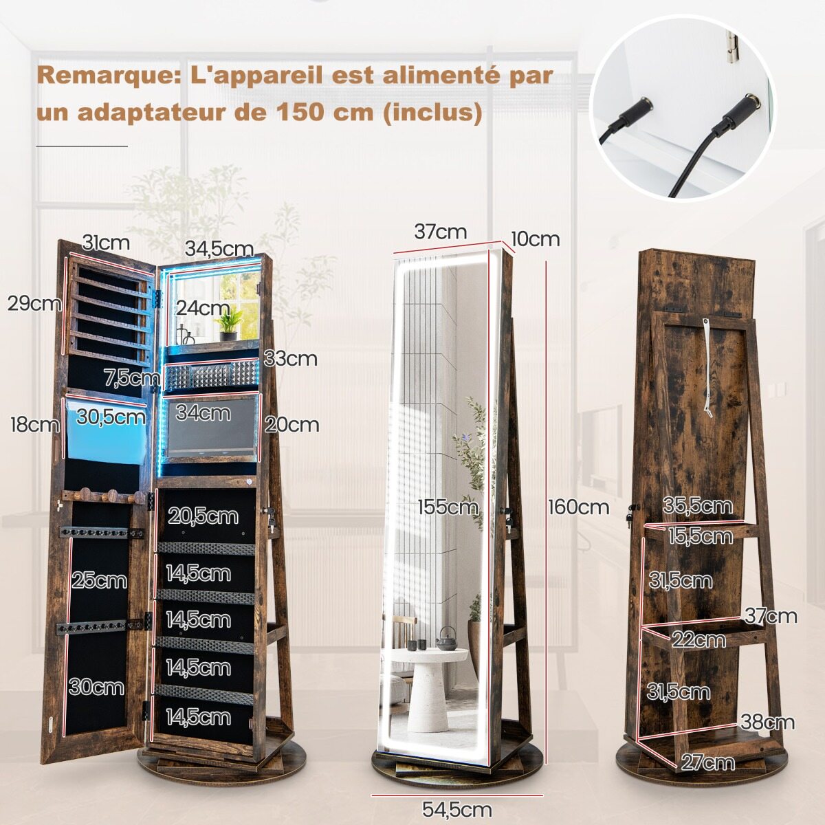 Ehtekapp peegliga Ehtekapp reguleeritavate LED-tuledega 54,5 x 54,5 x 160 cm Vintage
