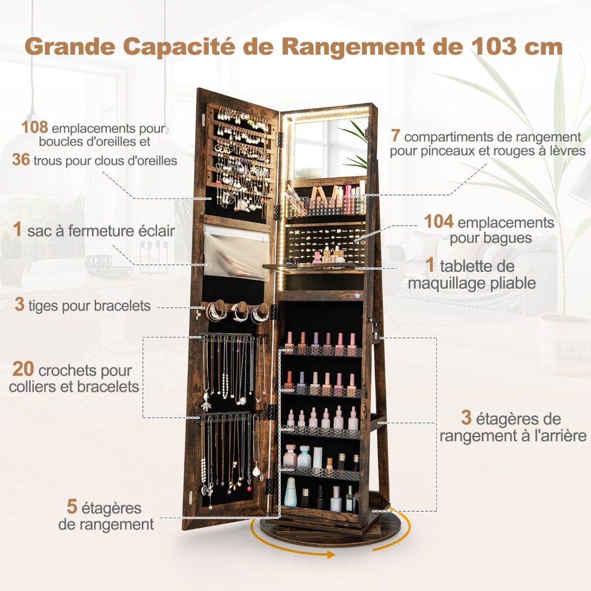 Ehtekapp peegliga Ehtekapp reguleeritavate LED-tuledega 54,5 x 54,5 x 160 cm Vintage