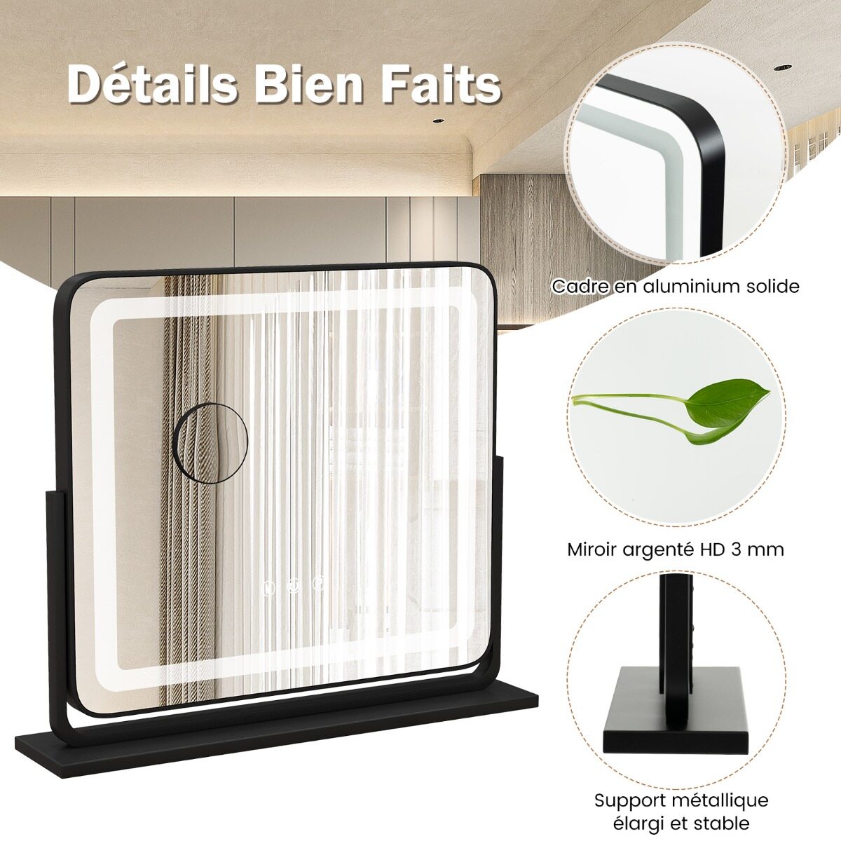 Lauale paigaldatav LED-valgustusega meikpeegel tuledega 56 x 12 x 48 cm must