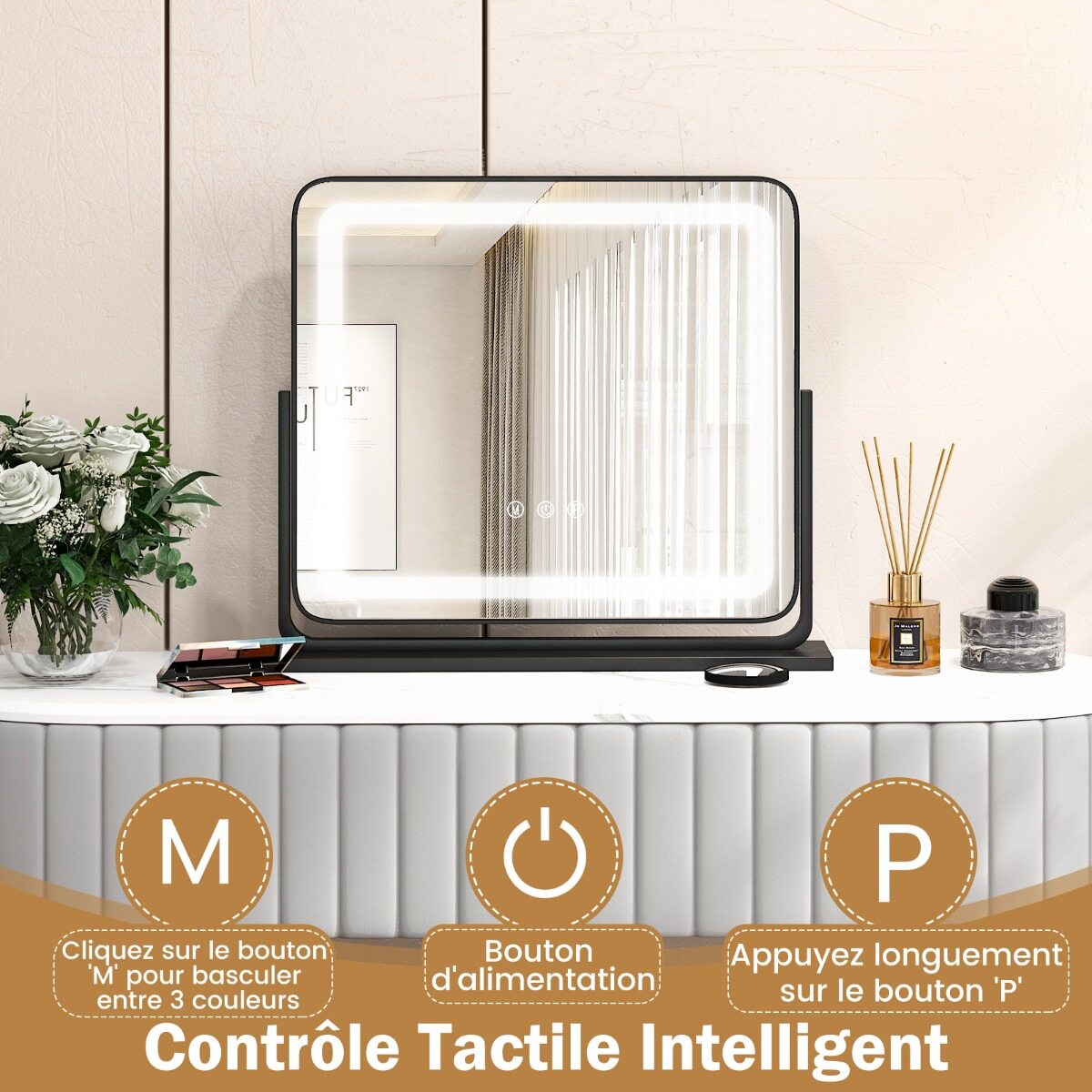 Lauale paigaldatav LED-valgustusega meikpeegel tuledega 56 x 12 x 48 cm must