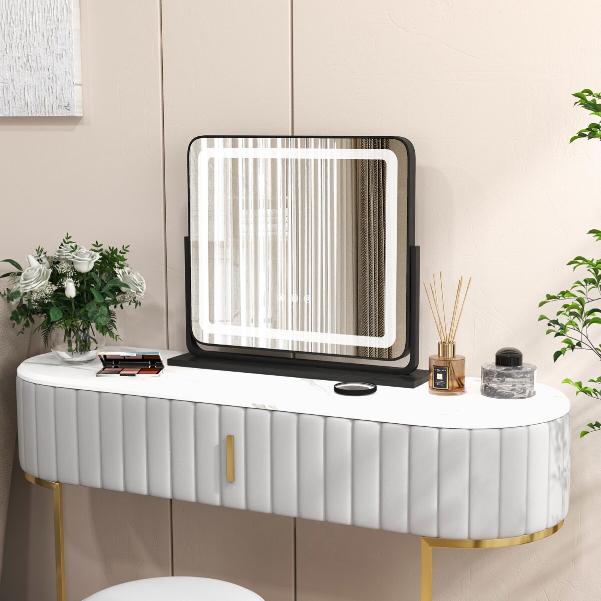 Lauale paigaldatav LED-valgustusega meikpeegel tuledega 56 x 12 x 48 cm must