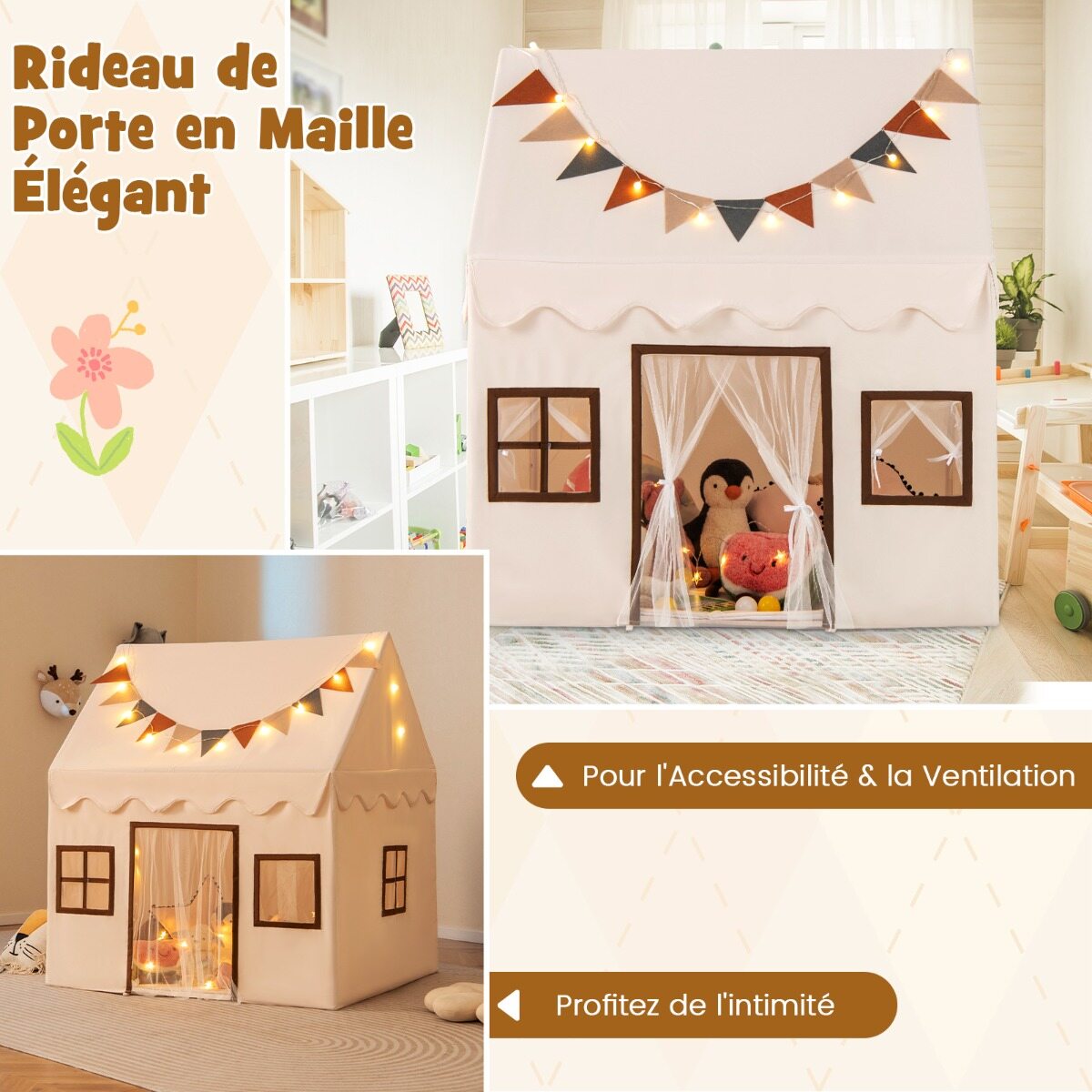 Playhouse Children's sisetelk mati ja tuledega, mängutelk siseruumidesse, beež