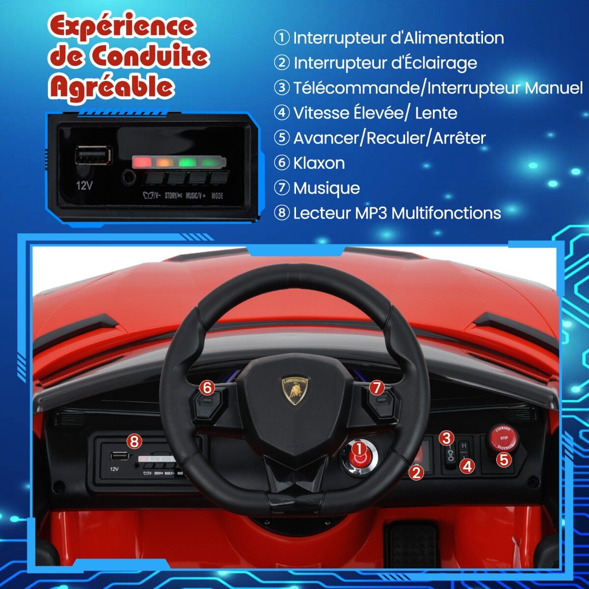 Lamborghini 12 V litsentseeritud elektriline mänguauto lastele, puldiga elektrisõiduk, punane