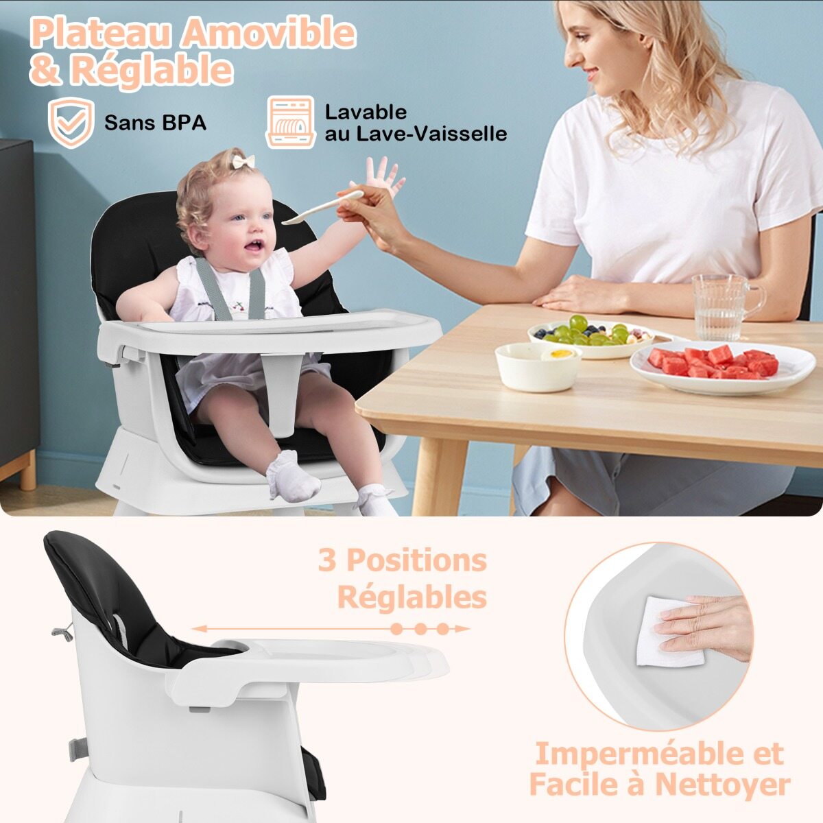 6-ühes beebi söögitool, must