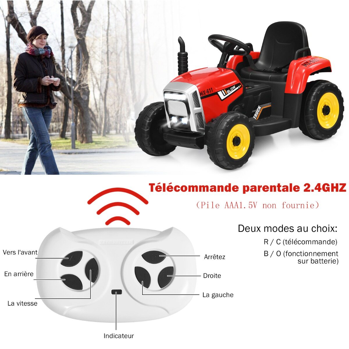 3-käiguline lastetraktor 12 V eemaldatava haagisega punane pealeistutav traktor