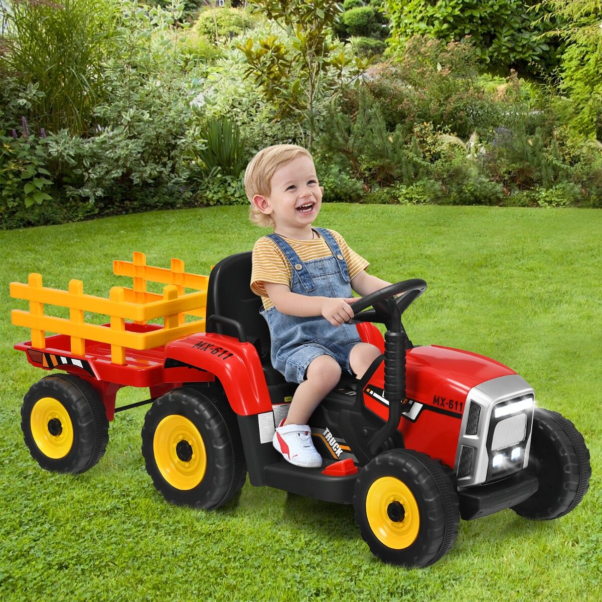 3-käiguline lastetraktor 12 V eemaldatava haagisega punane pealeistutav traktor