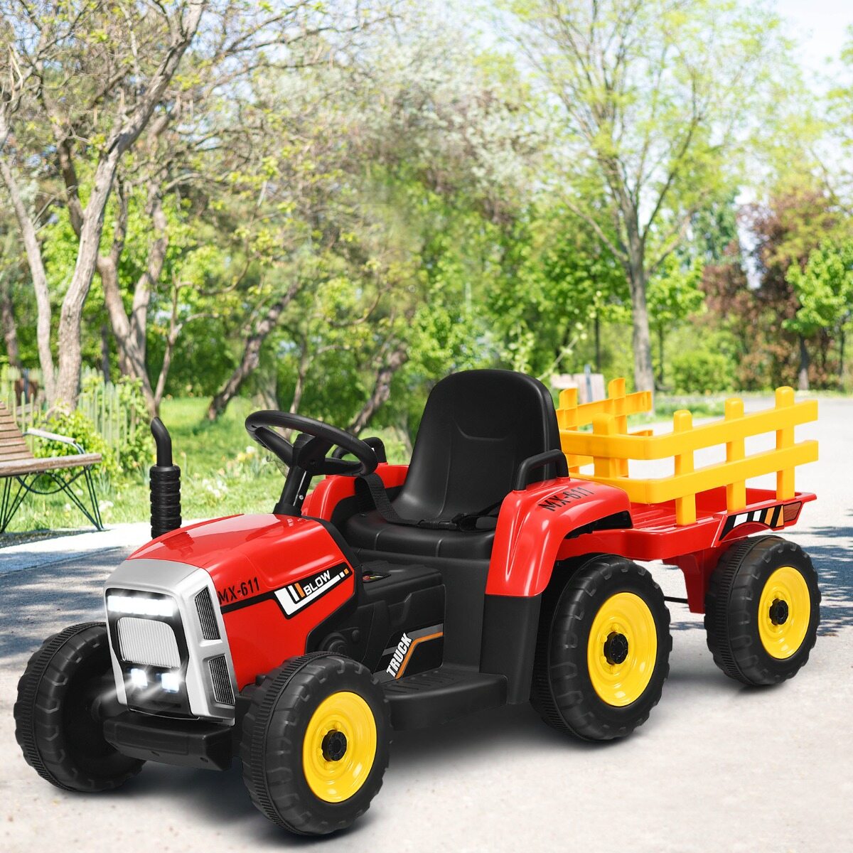 3-käiguline lastetraktor 12 V eemaldatava haagisega punane pealeistutav traktor