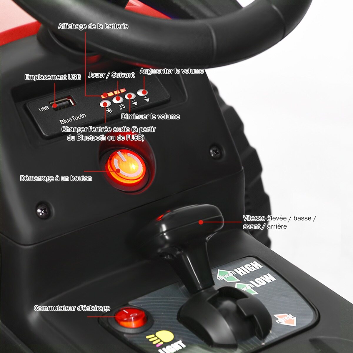 3-käiguline lastetraktor 12 V eemaldatava haagisega punane pealeistutav traktor