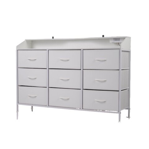 LED-tuledega kummut, laadimisjaam, 9 kangast sahtlit ja metallraam, telerialus kuni 147 cm, valge