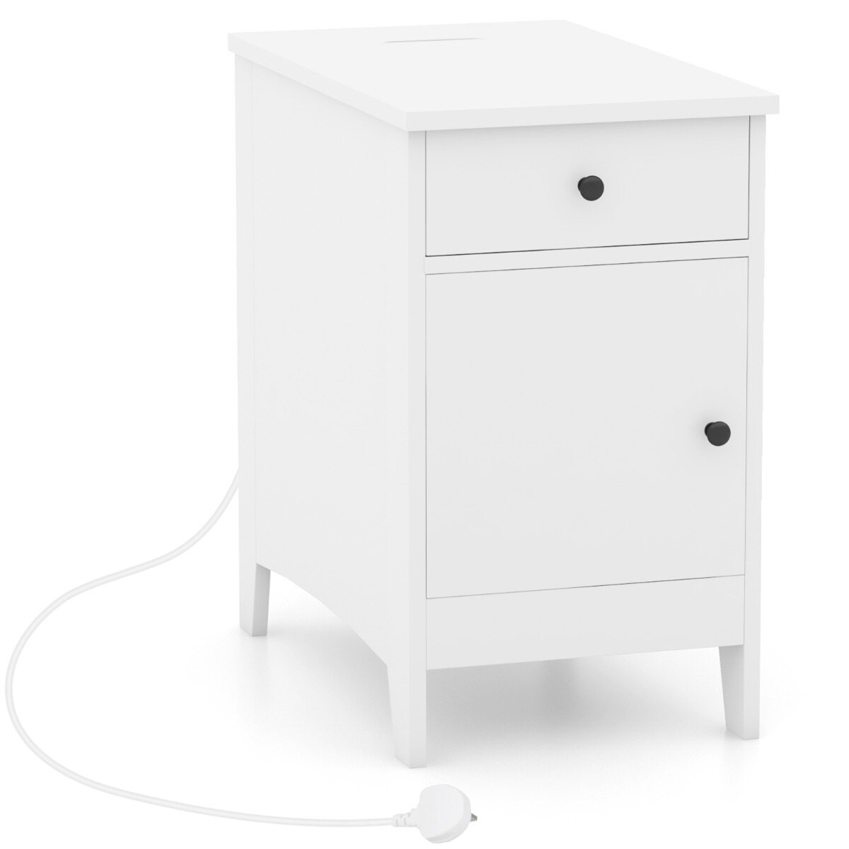 Öökapp USB-portide ja pistikupesade ning ajakirjariiuliga, külglaud, hoiulaud, valge