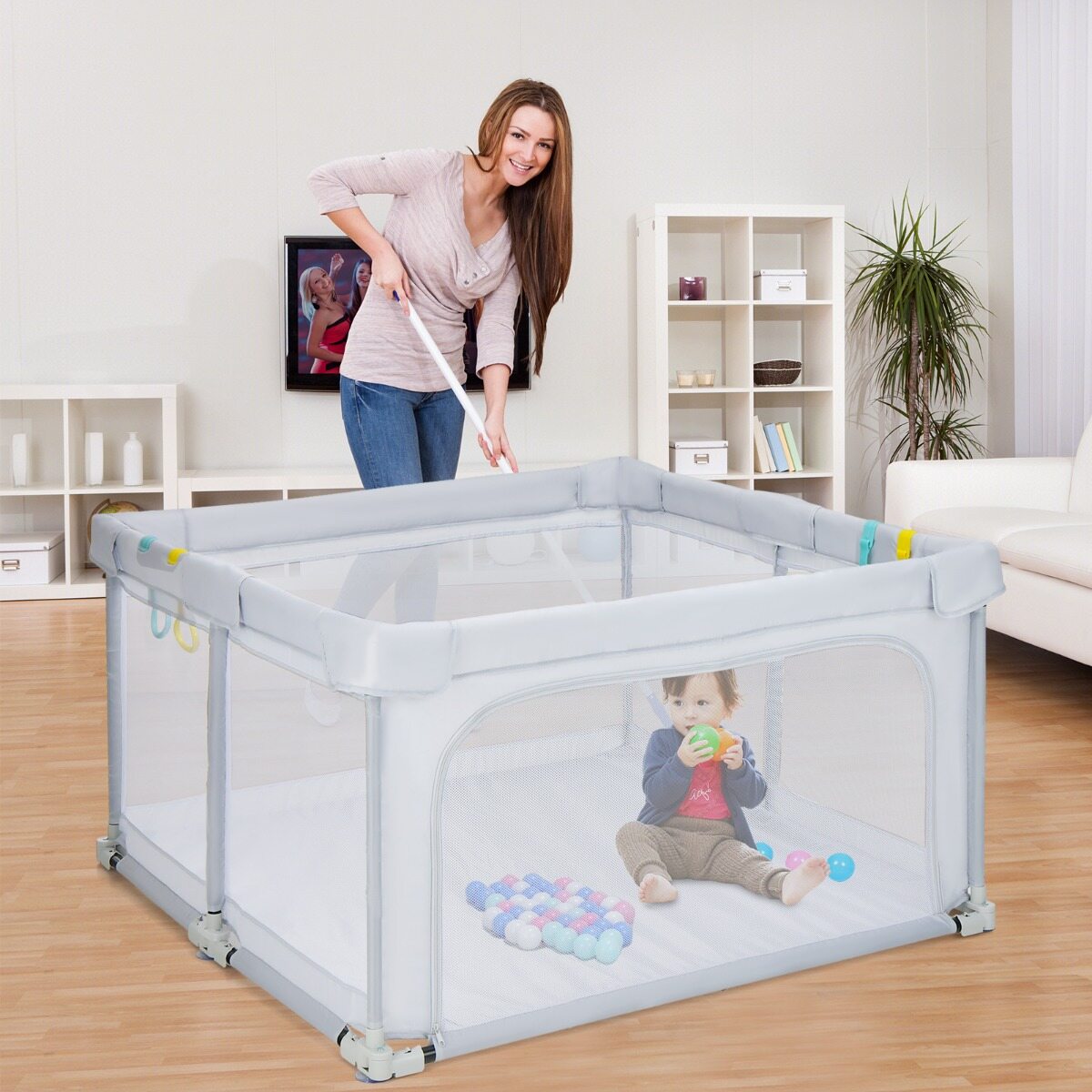 124 cm x 124 cm kokkupandav beebimänguaedik lukustusmehhanismidega – helehall