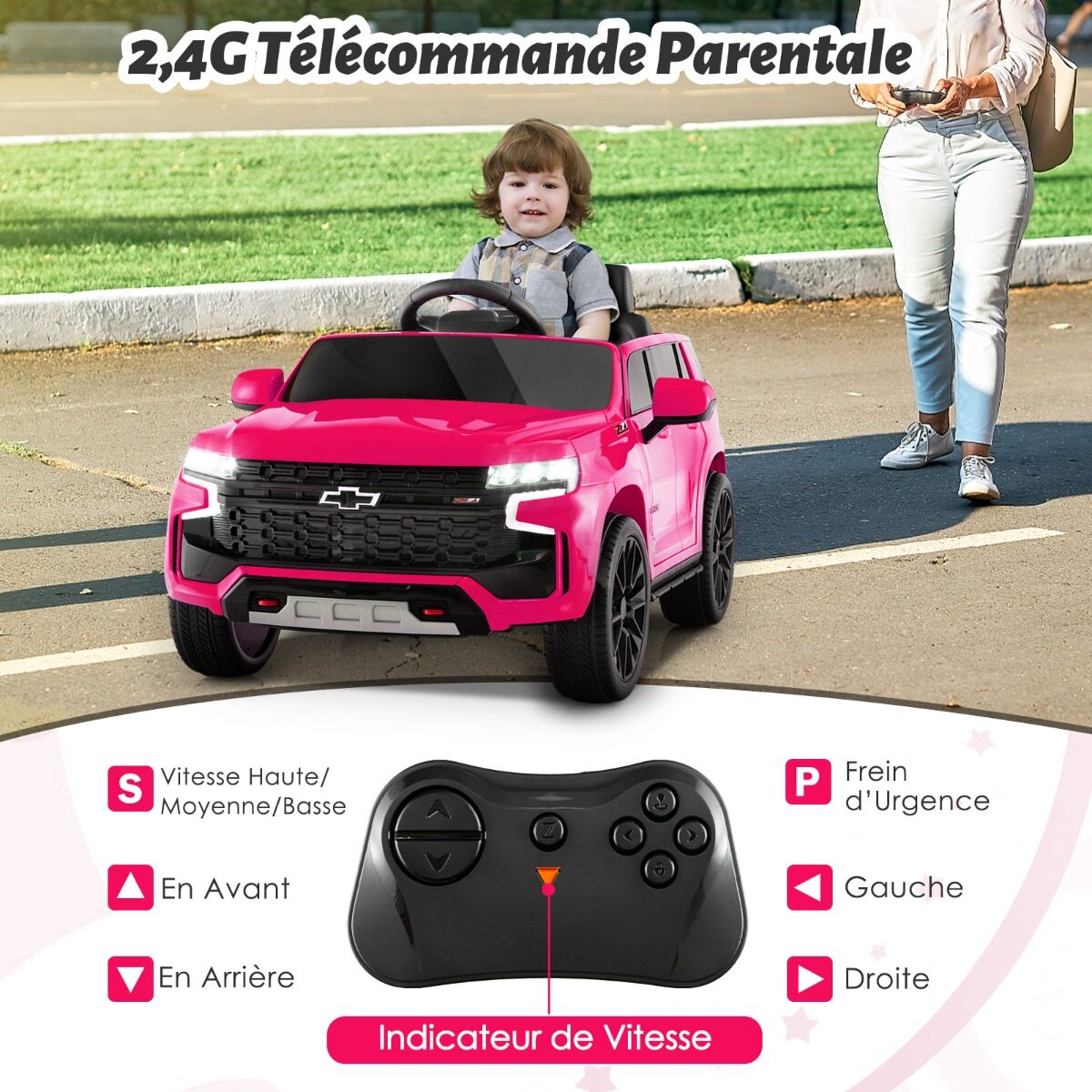 Laste Chevrolet elektriauto 2.4 G puldi ja vedrustuse ja tulede ja muusikaga, lasteauto roosa
