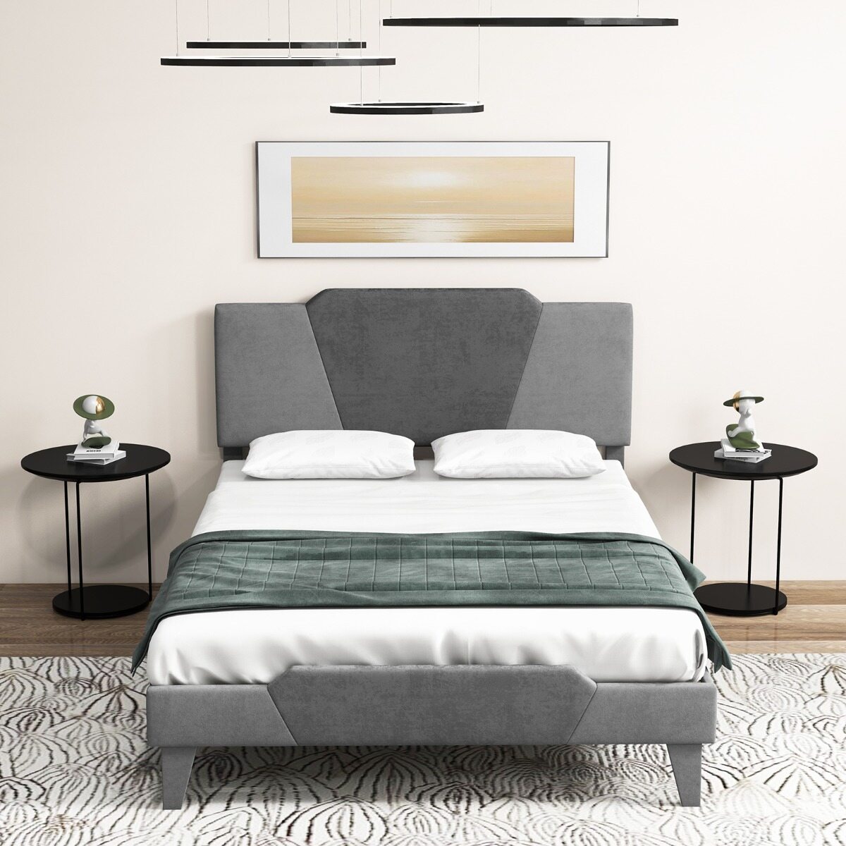 Kaheinimesevoodi, polsterdatud platvormvoodi, sametist voodiraam, peatsiga, täispuidust liistudest voodiraam, 140 x 200 cm, hall