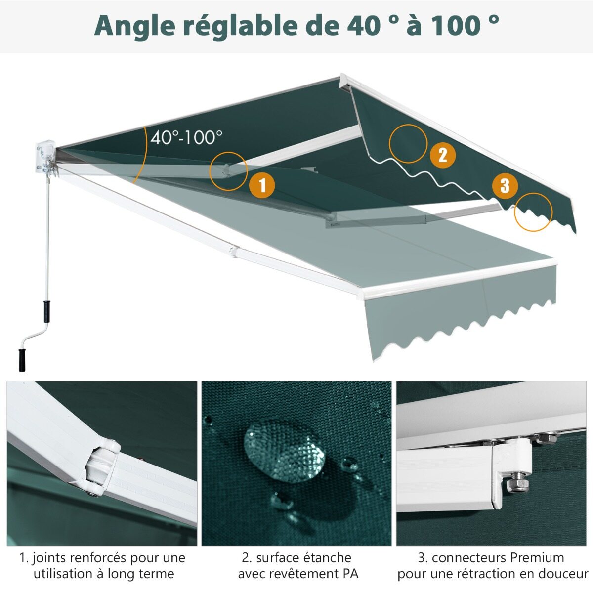 Käsitsi väljatõmmatav varikatus 245 x 200 cm, reguleeritav nurk 40°–100°, puurimist pole vaja, rõdule/aiale ja rohelisele alale