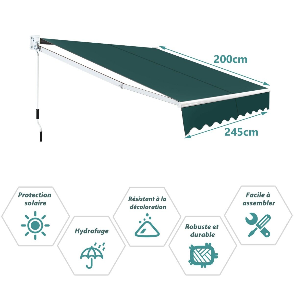 Käsitsi väljatõmmatav varikatus 245 x 200 cm, reguleeritav nurk 40°–100°, puurimist pole vaja, rõdule/aiale ja rohelisele alale