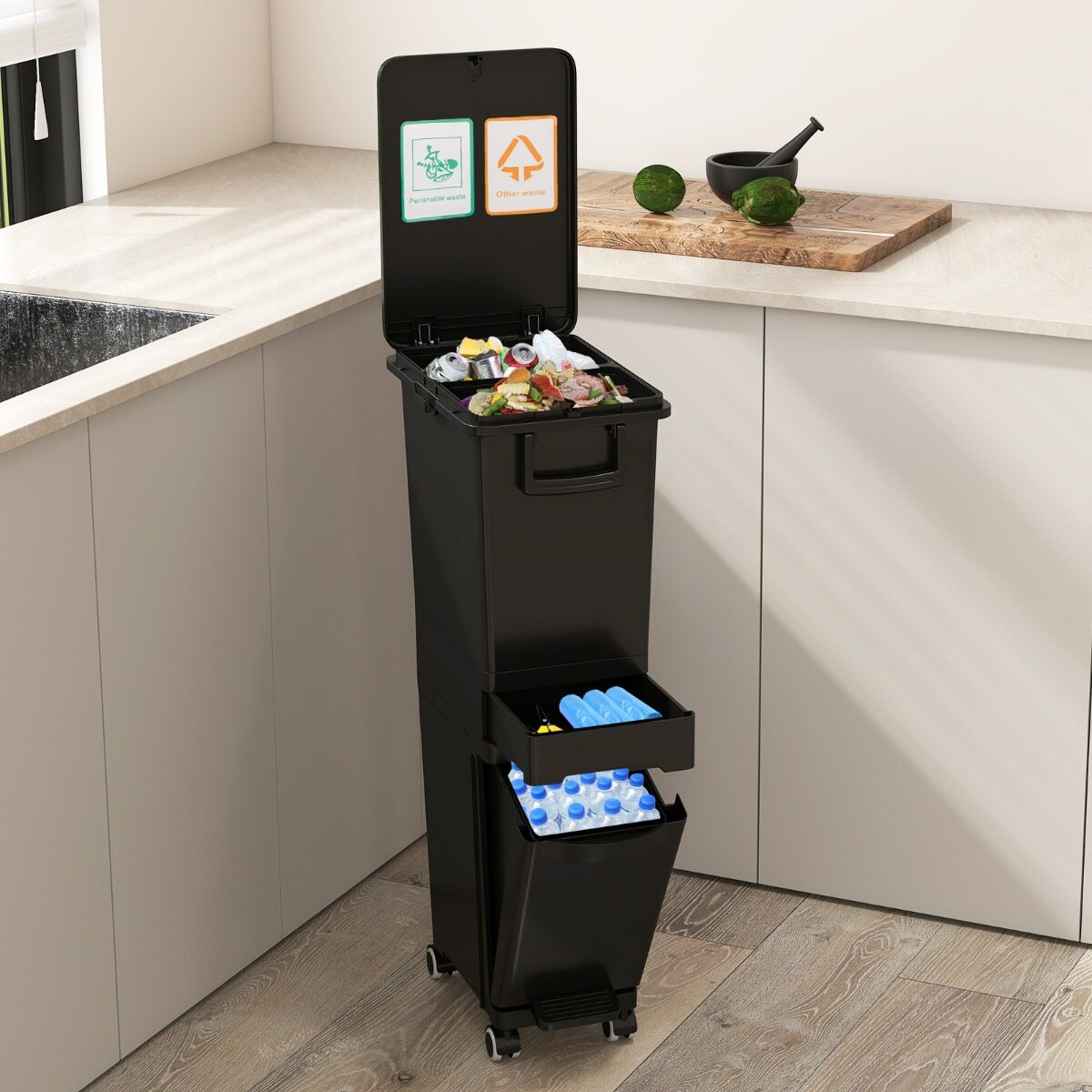 Trash Can with Tilting Bottom Bin Central Drawer 2 Upper Compartments Sorting Labels Black Plastic Pedal Bin Trash Can with Tilting Bottom Bin Central Drawer 2 Upper Compartments Sorting Labels Black Plastic Pedal Bin