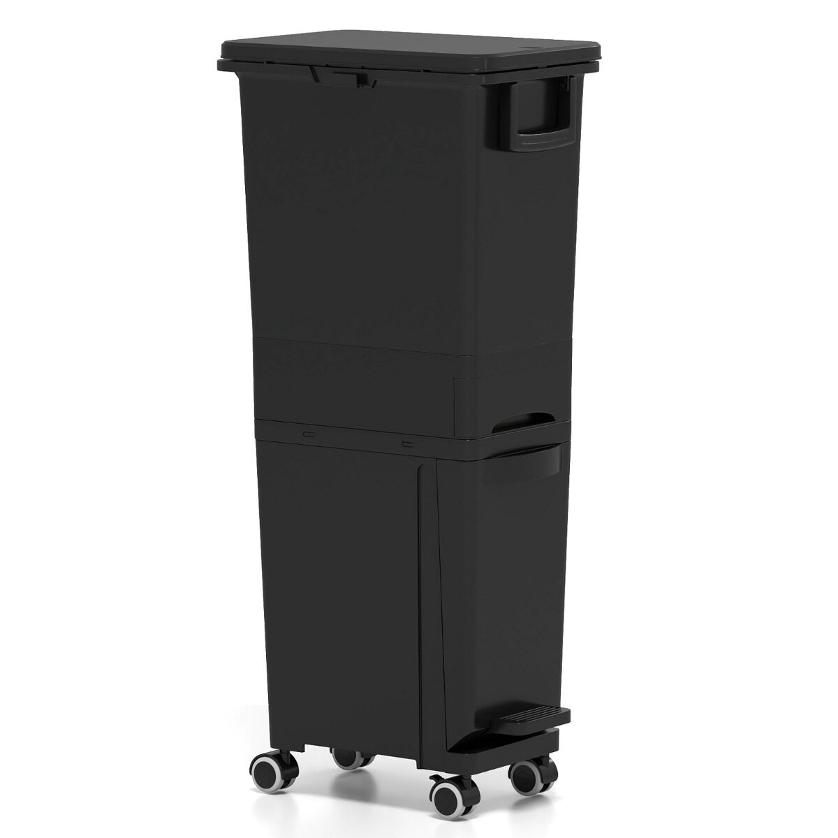 Costway Trash Can with Tilting Bottom Bin Central Drawer 2 Upper Compartments Sorting Labels Black Plastic Pedal Bin Costway Trash Can with Tilting Bottom Bin Central Drawer 2 Upper Compartments Sorting Labels Black Plastic Pedal Bin