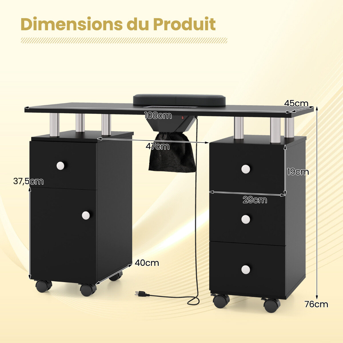 Maniküürilaud elektrilise tolmukogujaga, mobiilne küünetehniku ​​laud 3 tolmukotiga, 108x45x76cm, must