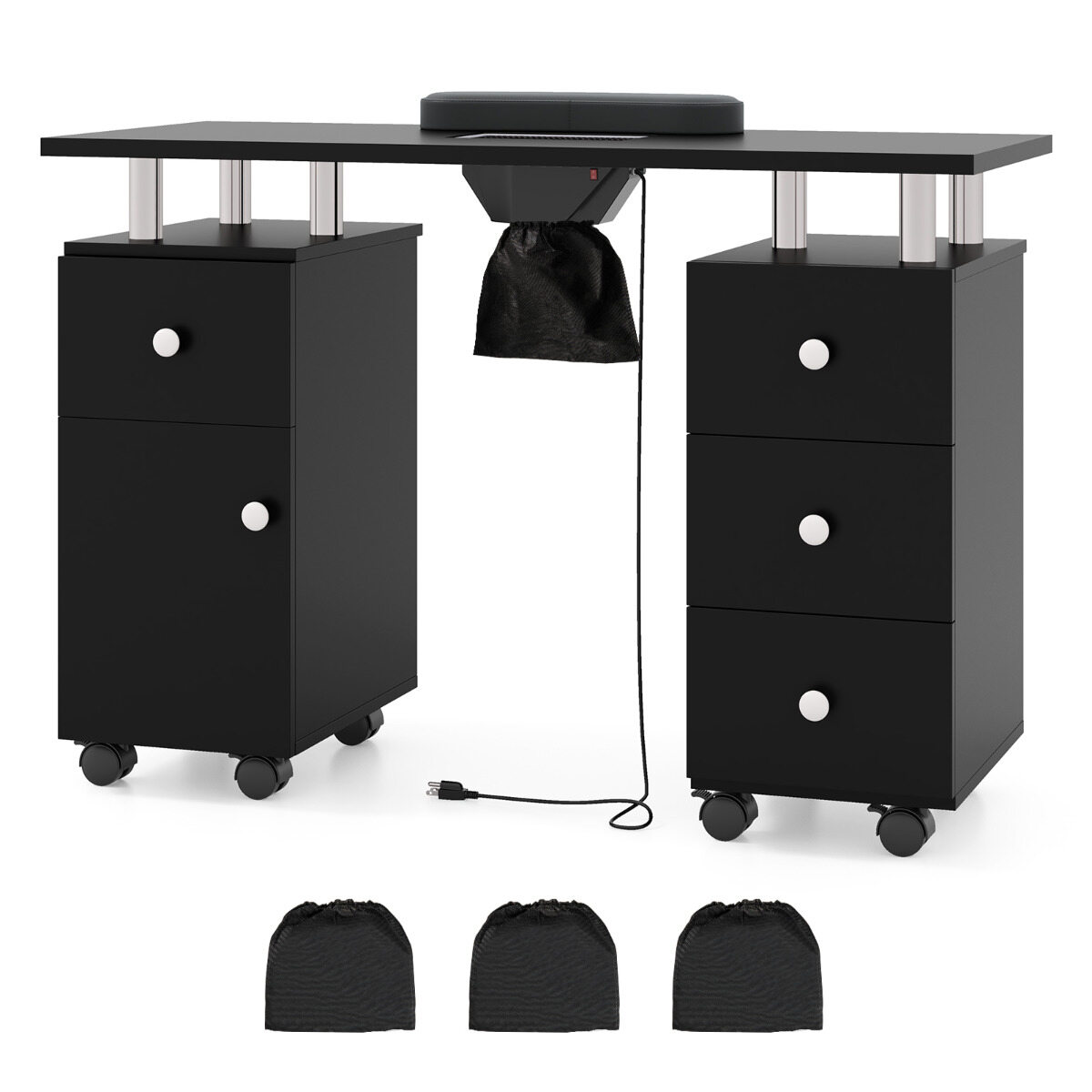 Maniküürilaud elektrilise tolmukogujaga, mobiilne küünetehniku ​​laud 3 tolmukotiga, 108x45x76cm, must