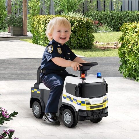 Laste lükandauto tuletõrjeauto rooli, tulede, sireenide ja muusikaga, liugauto alates 18. elukuust, valge