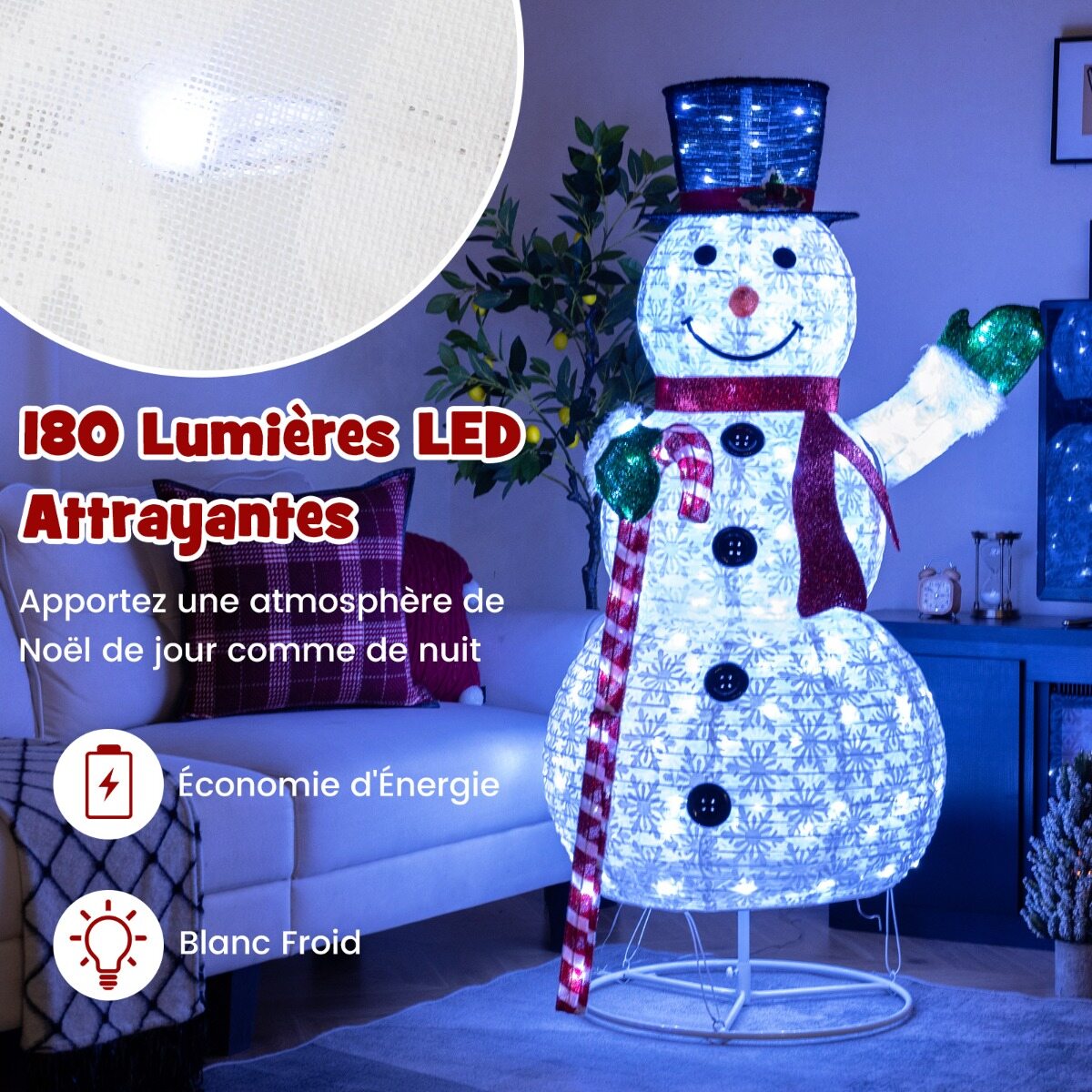 150 cm valgustatud lumememme eelvalgustusega jõulukaunistus 180 LED-tulega, müts ja sall