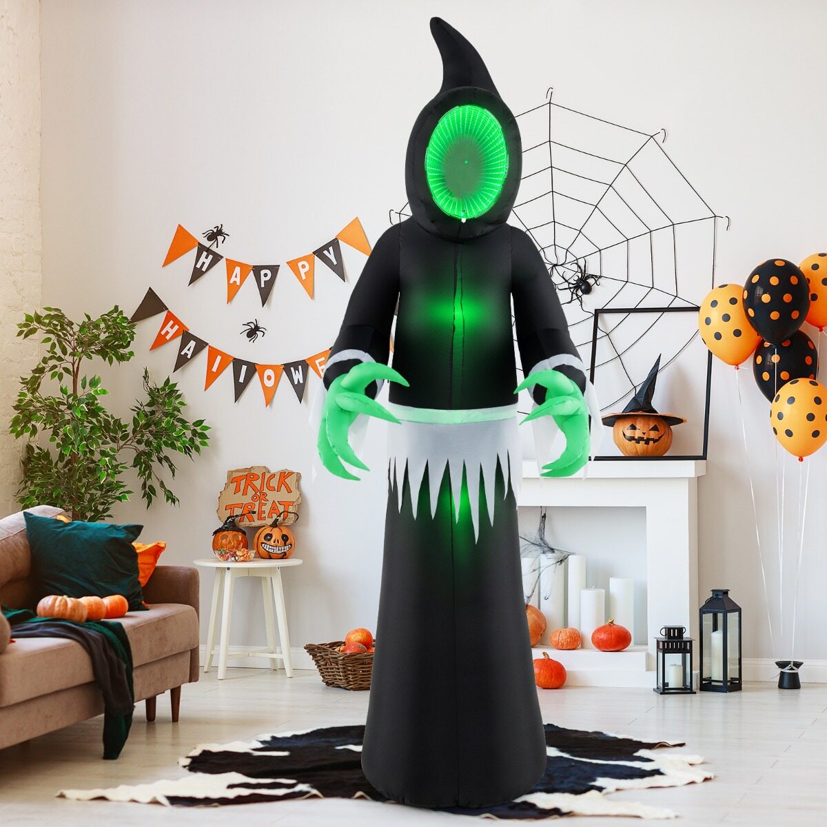 245 cm hiiglaslik täispuhutav halloweeni kummitus täispuhutav kummituskaunistus sisseehitatud LED-tulede ja peegliga must + roheline