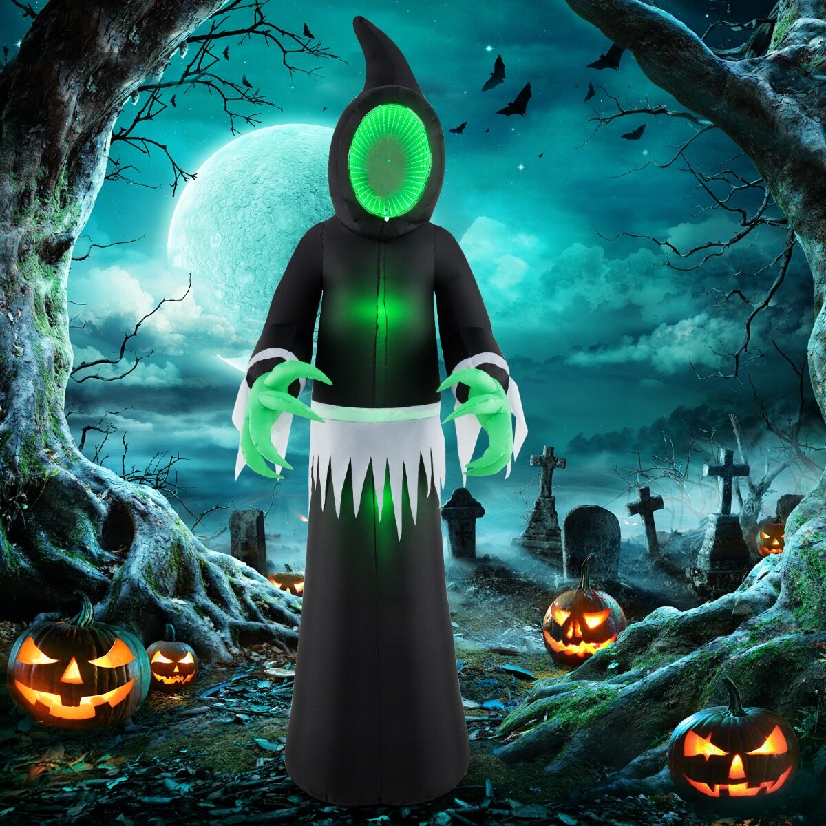 245 cm hiiglaslik täispuhutav halloweeni kummitus täispuhutav kummituskaunistus sisseehitatud LED-tulede ja peegliga must + roheline